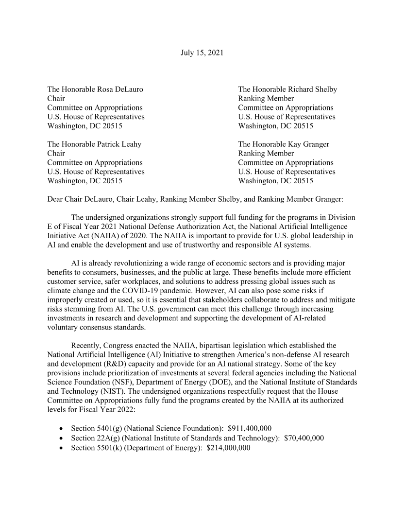 Coalition Letter on the National Artificial Intelligence Initiative Act ...